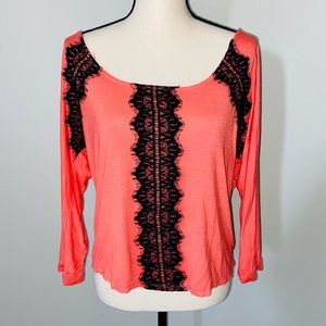 Daytrip Coral Black Eyelash Lace Mesh Back Top Medium
